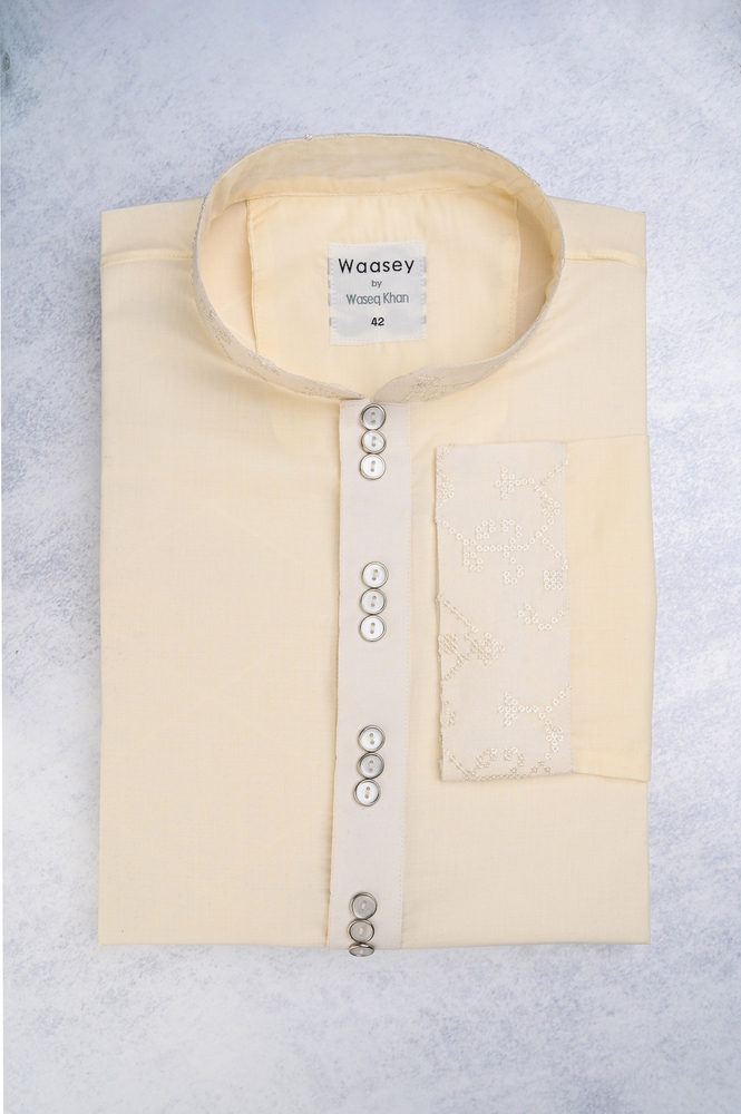 Off-White Panjabi with Minimalistic Embroidered Pocket